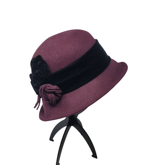 Soprattutto Wool Cloche Hat Purple Black Velvet Band Flower Tassel Italy Flapper